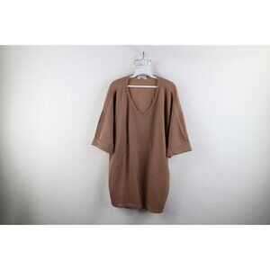 Vtg 90s Express Womens Large Faded Blank Baggy Thermal Ribbed Knit T-Shirt Brown